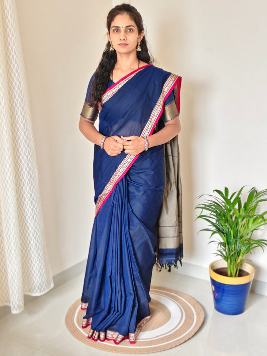 Plain Narayanpet Cotton Saree -Elephant Border