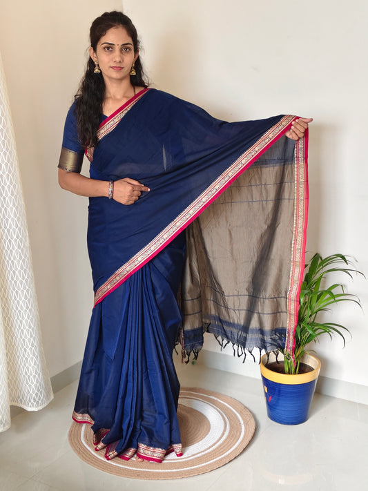 Plain Narayanpet Cotton Saree -Elephant Border